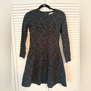 LOFT Long Sleeved Green and Black Jacquard Dress